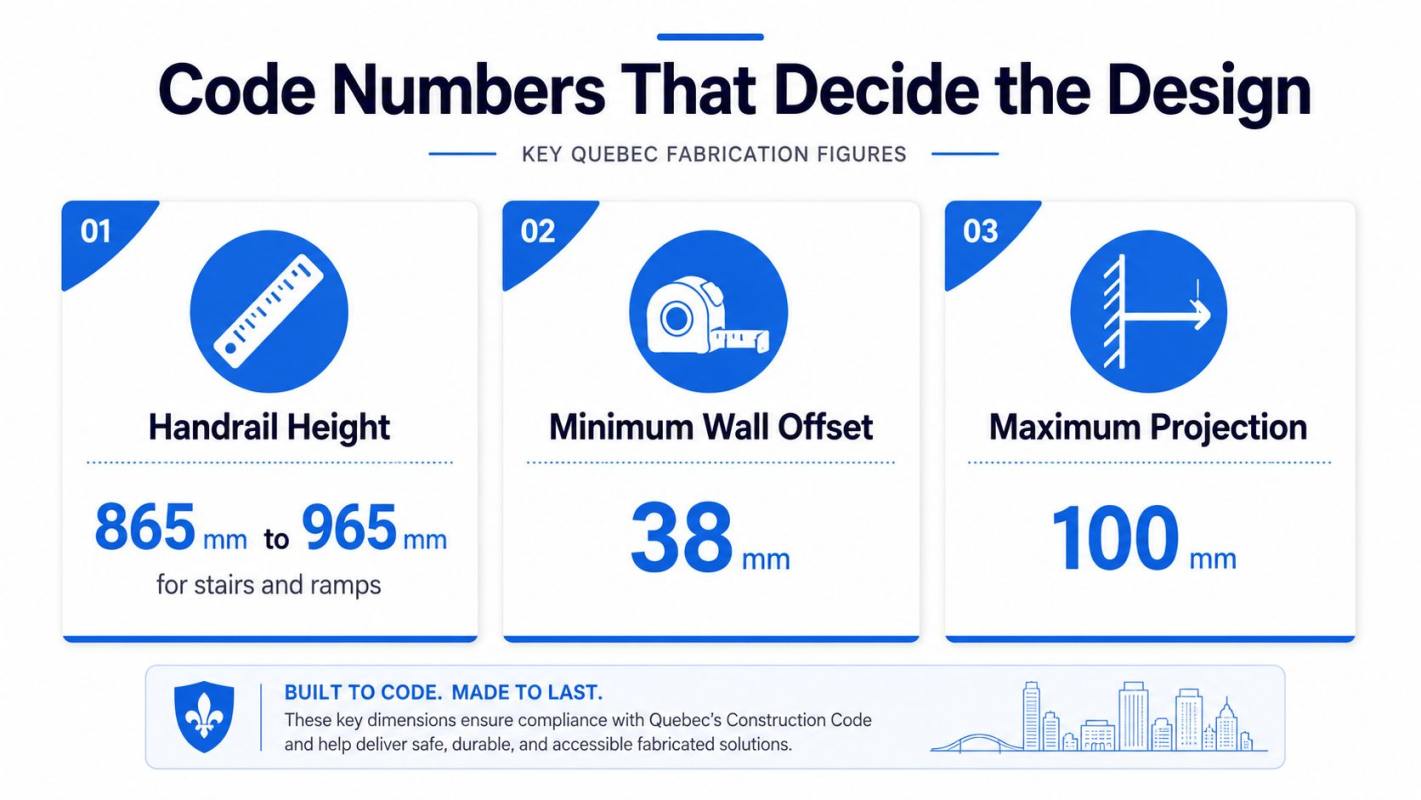 An infographic detailing Quebec construction code requirements for handrail height, wall offset, and maximum projection.