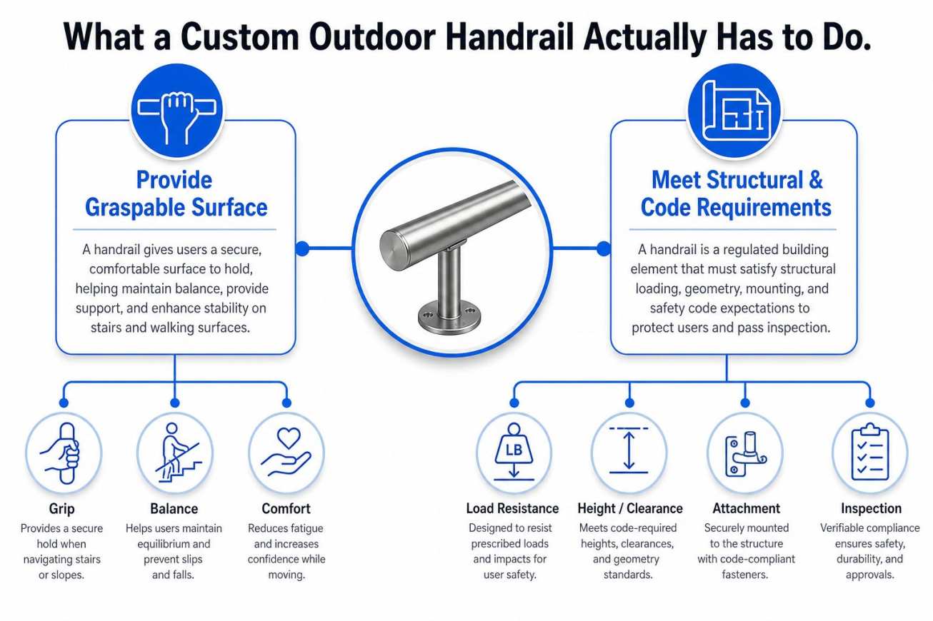 An infographic illustrating the two primary functions of a custom outdoor handrail: providing a graspable surface and meeting structural codes.