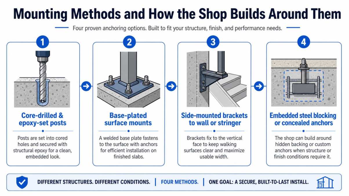 An infographic detailing four professional installation methods for custom outdoor handrails and stair mounting systems.
