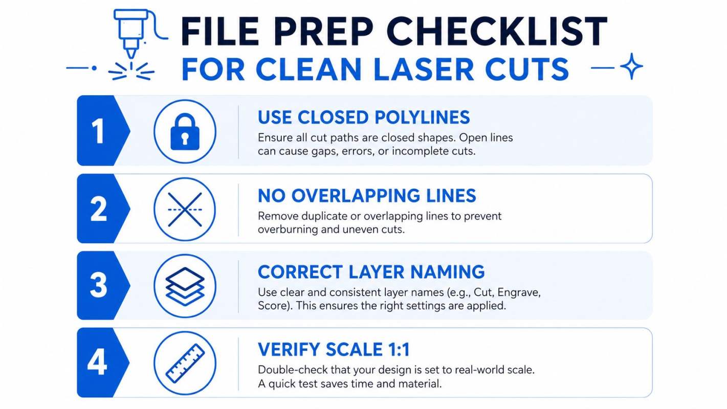 A four-step checklist infographic for preparing digital files to ensure clean and accurate laser cutting results.