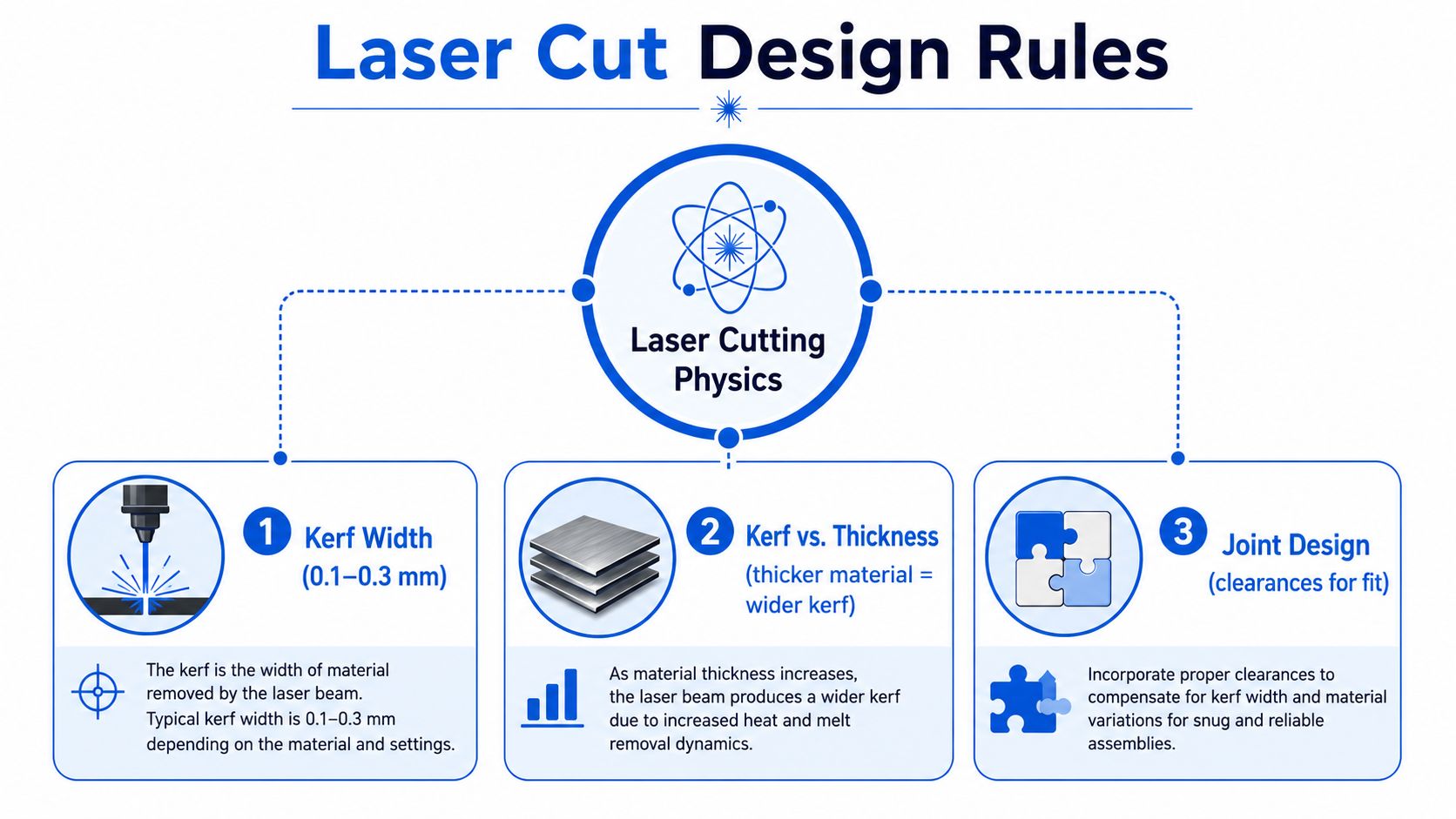 An infographic showing laser cut design rules including kerf width, thickness, and joint design principles.