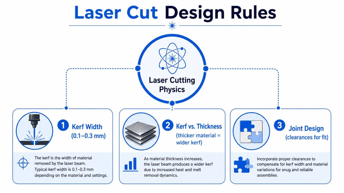 An infographic showing laser cut design rules including kerf width, thickness, and joint design principles.