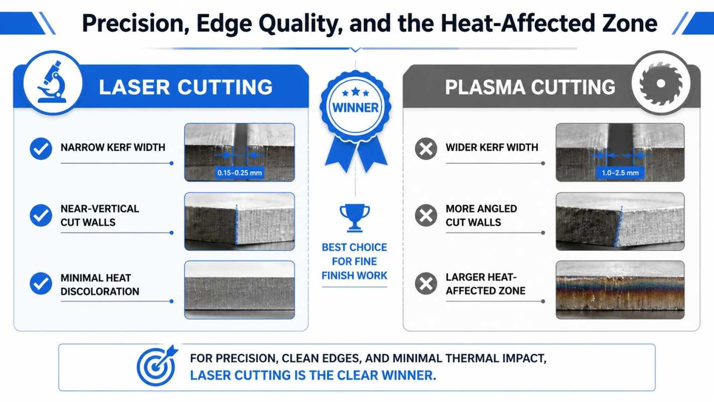 A comparative infographic illustrating the precision, edge quality, and heat-affected zones of laser cutting versus plasma cutting methods.