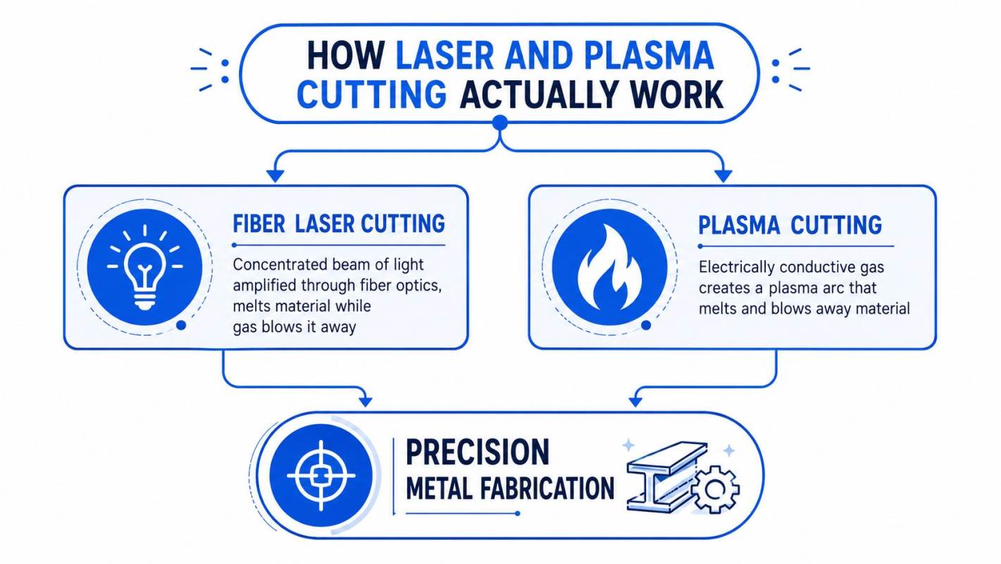 A diagram comparing the mechanisms of fiber laser cutting and plasma cutting for precision metal fabrication.