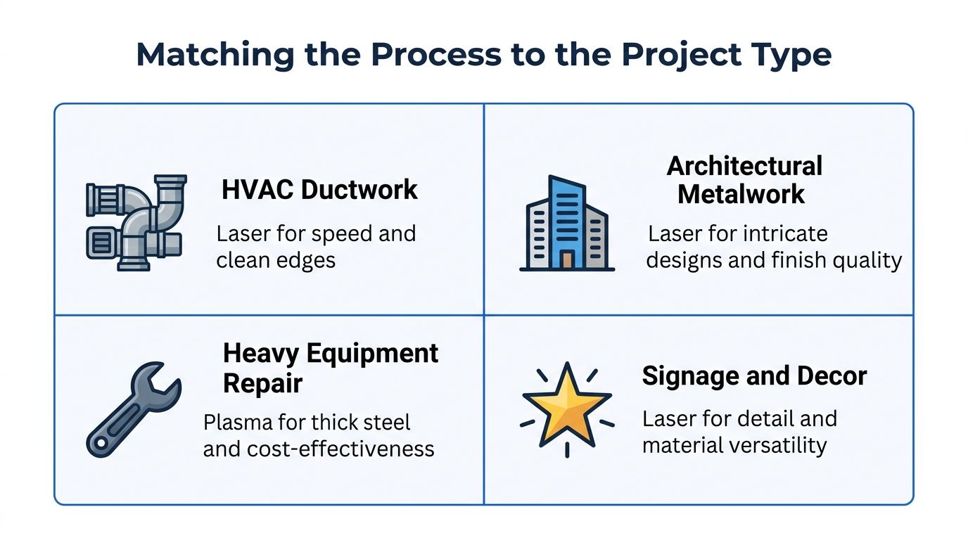 A comparison chart showing applications for laser and plasma cutting in HVAC, architectural metalwork, and industrial projects.