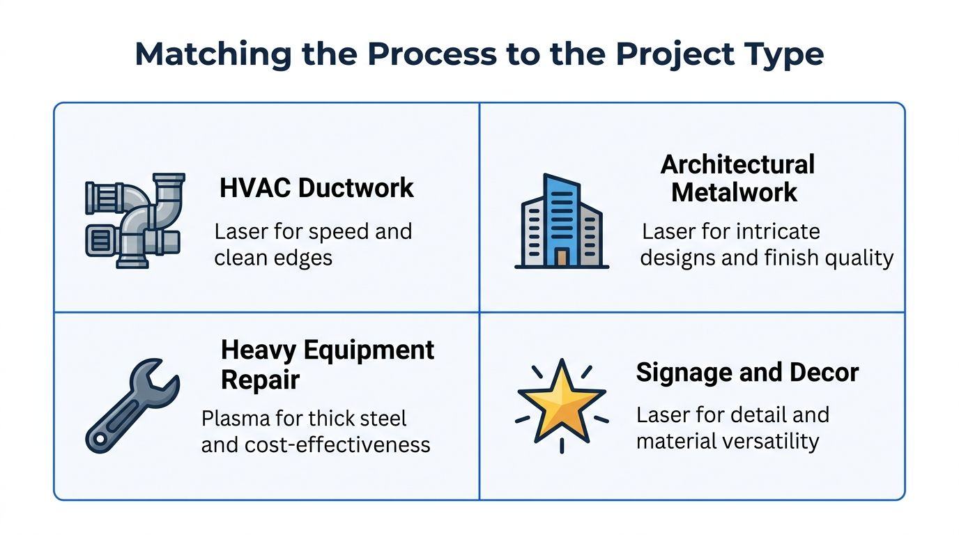 A comparison chart showing applications for laser and plasma cutting in HVAC, architectural metalwork, and industrial projects.