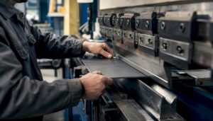 Hands adjusting sheet metal bend in workshop