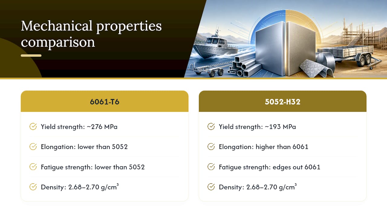 Mechanical properties comparison chart for 6061 and 5052 aluminum