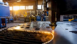 Close-up of laser cutting kerf on metal sheet