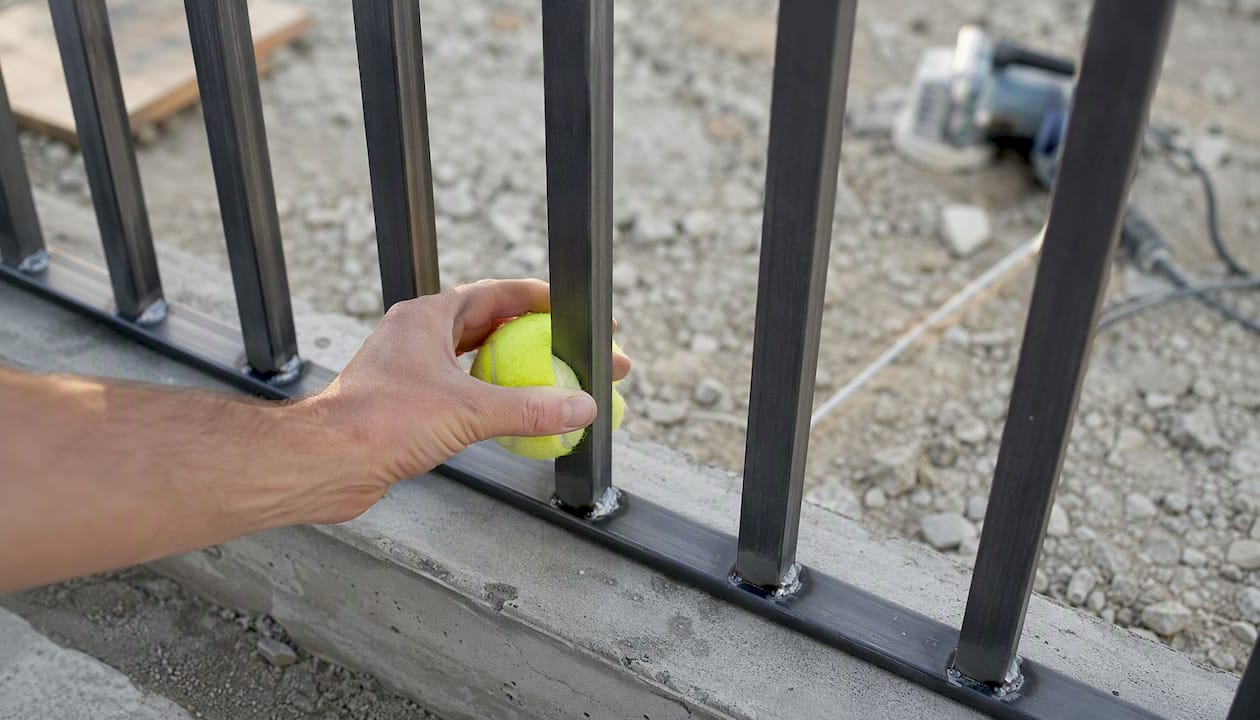 Vérification de l’écartement des barreaux de la rambarde à l’aide d’une balle de tennis