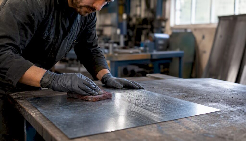 Un technicien procède au ponçage d’une surface en acier galvanisé.