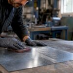 Un technicien procède au ponçage d’une surface en acier galvanisé.