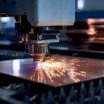 Gros plan sur la découpe au laser d’une feuille de cuivre