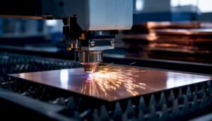 Gros plan sur la découpe au laser d’une feuille de cuivre