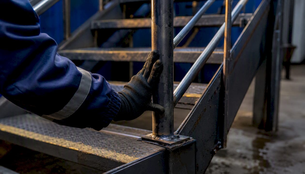 Hand testing rigidity of stair handrail post weld