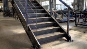 Close-up of industrial metal stairs with handrail
