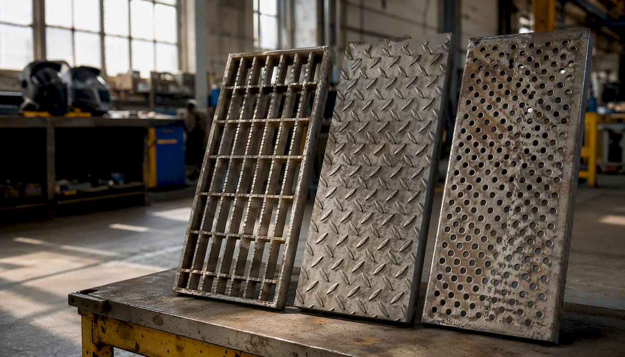 Close-up of three types of industrial stair treads