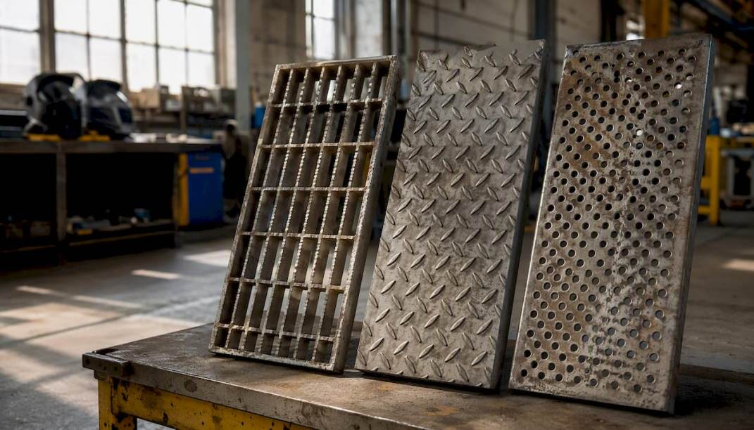 Close-up of three types of industrial stair treads