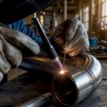 Hands welding stainless steel pipe with TIG torch
