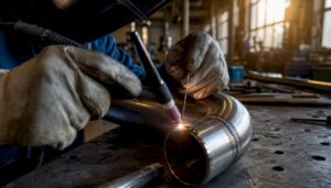 Hands welding stainless steel pipe with TIG torch