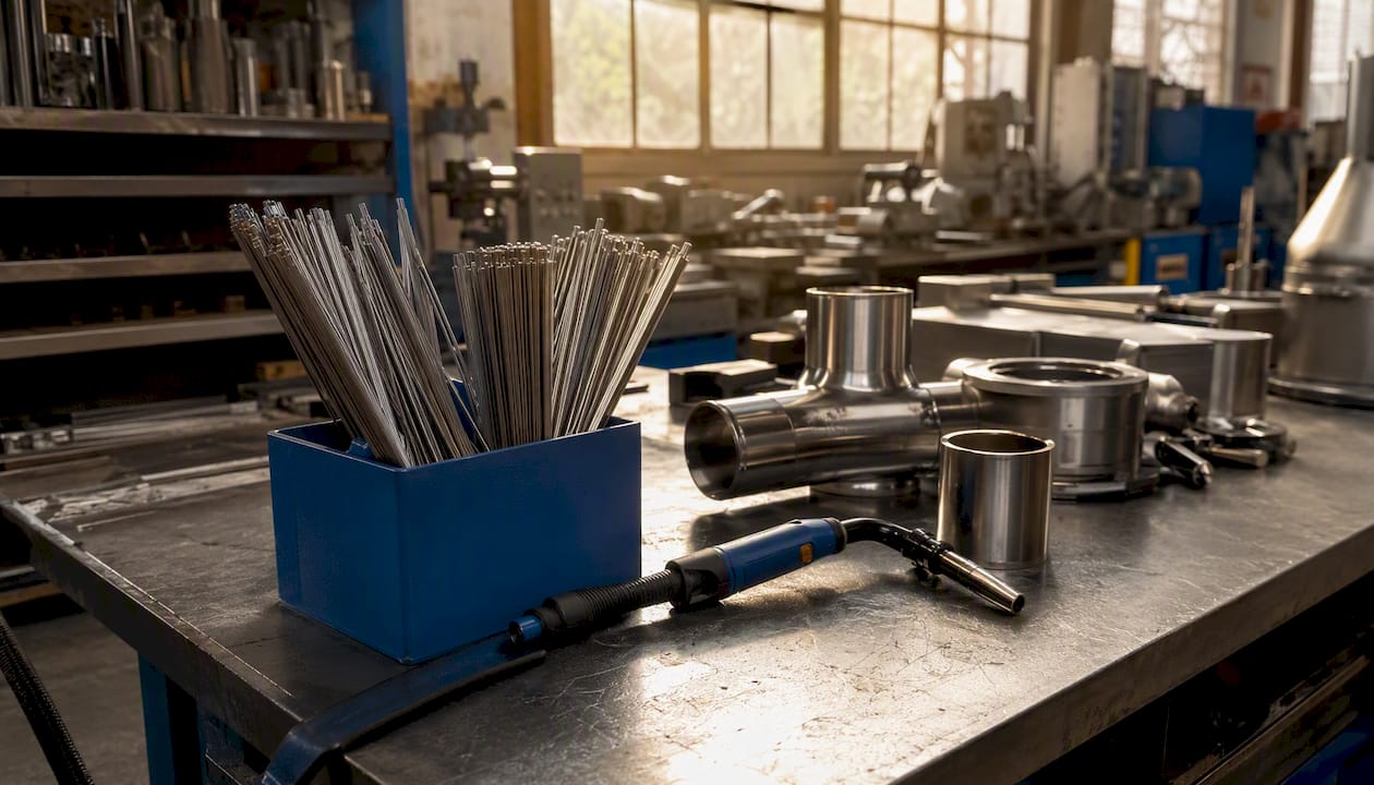 Welding consumables and tools on workshop bench