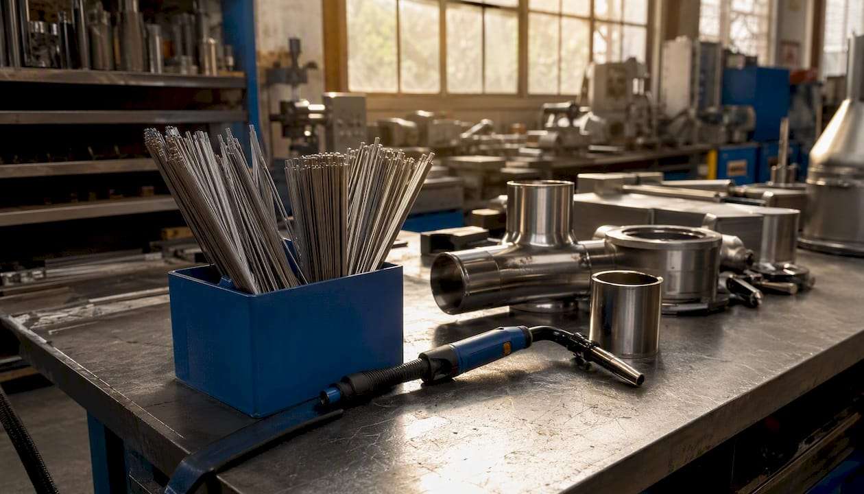 Welding consumables and tools on workshop bench