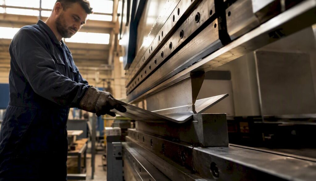 Vue rapprochée d’une tôle métallique en cours de pliage dans un atelier