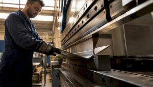 Vue rapprochée d’une tôle métallique en cours de pliage dans un atelier
