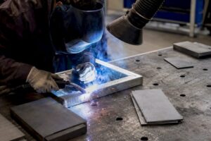 Soudeur en plein travail sur de l’acier galvanisé dans un atelier.