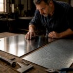 Metalworker comparing stainless and galvanized steel sheets