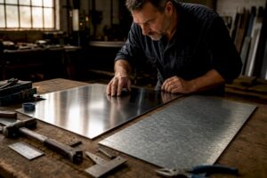 Metalworker comparing stainless and galvanized steel sheets
