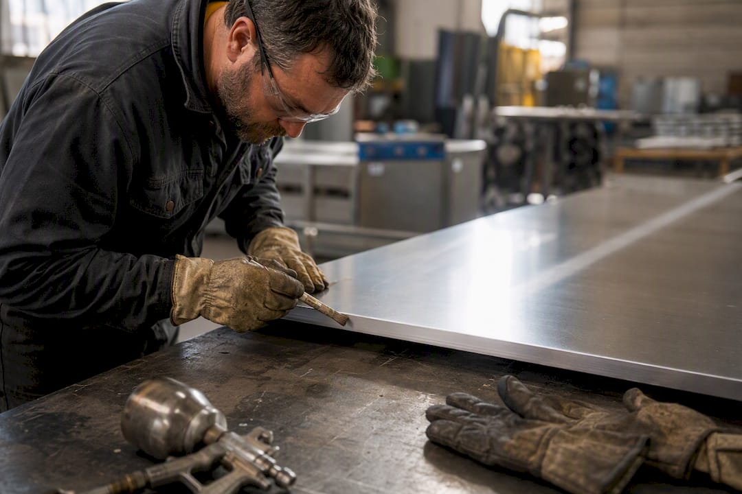 Technician applying zinc-rich spray to galvanized steel edge