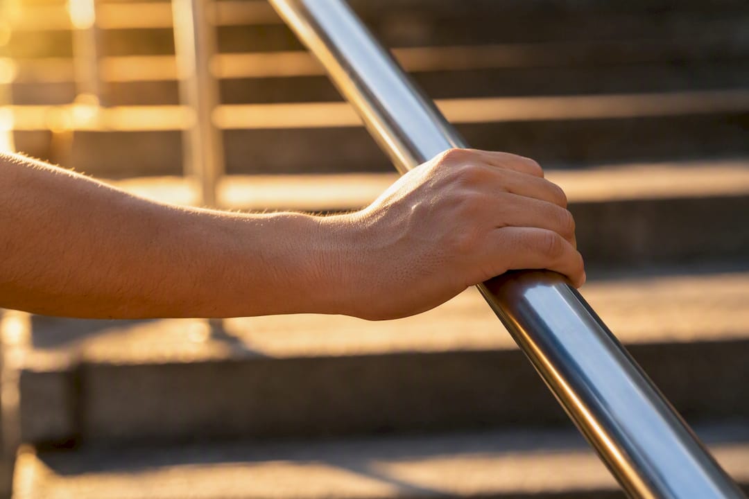 La main saisit la rampe en métal de façon confortable et adaptée à la forme.
