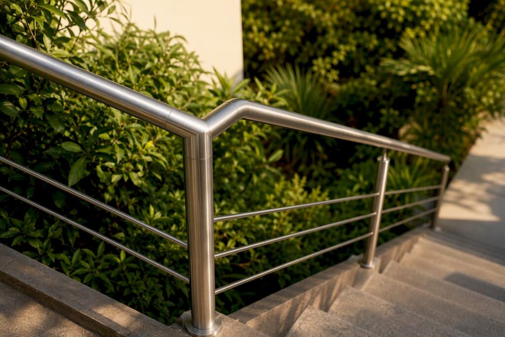Zoom sur la rambarde en métal d’un escalier extérieur