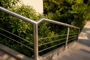 Zoom sur la rambarde en métal d’un escalier extérieur
