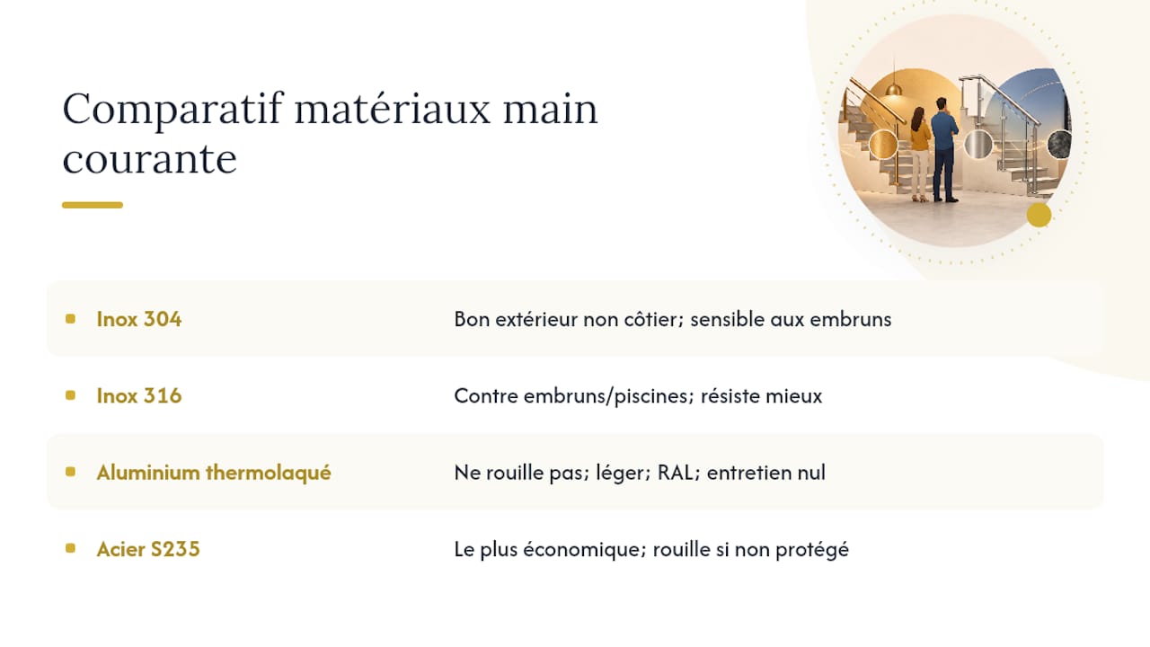 Tableau comparatif des différents métaux utilisés pour les garde-corps