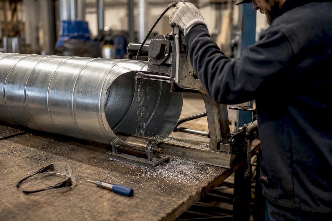 Cutting spiral duct section with pipe saw