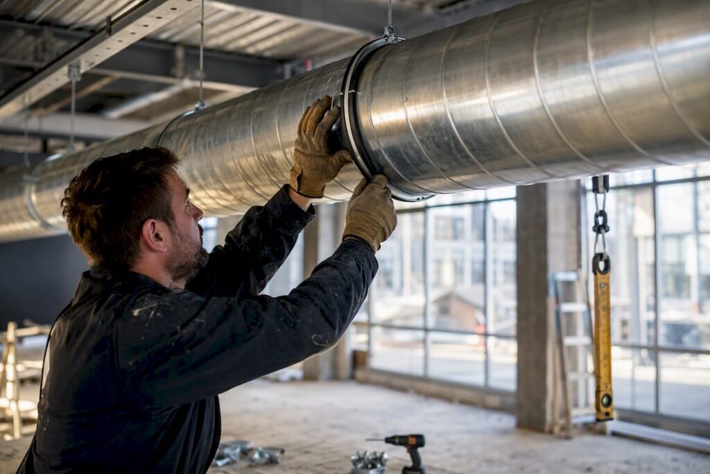 Installer aligning spiral duct section on hangers
