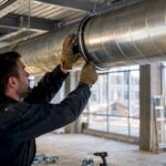 Installer aligning spiral duct section on hangers