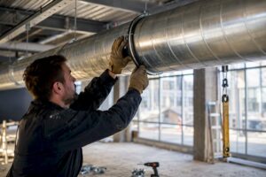 Installer aligning spiral duct section on hangers