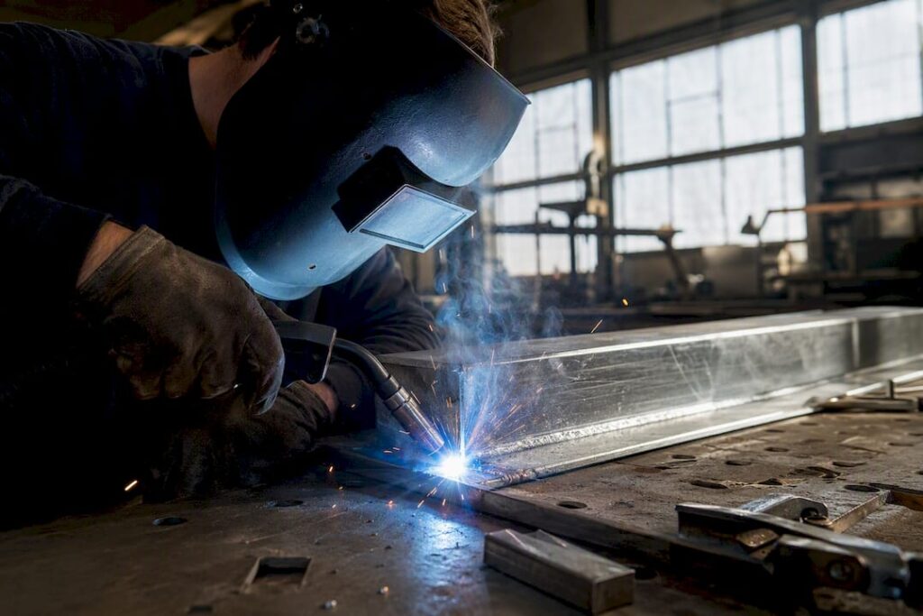 Welder MIG welding galvanized steel joint