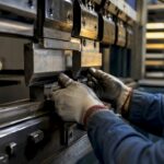 Hands adjusting press brake tooling in fabrication shop