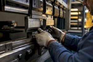 Hands adjusting press brake tooling in fabrication shop