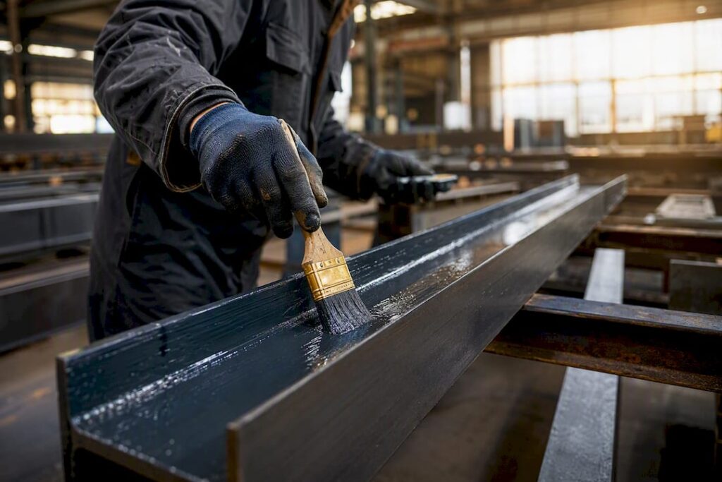 Worker applying zinc coating on steel beam