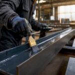 Worker applying zinc coating on steel beam