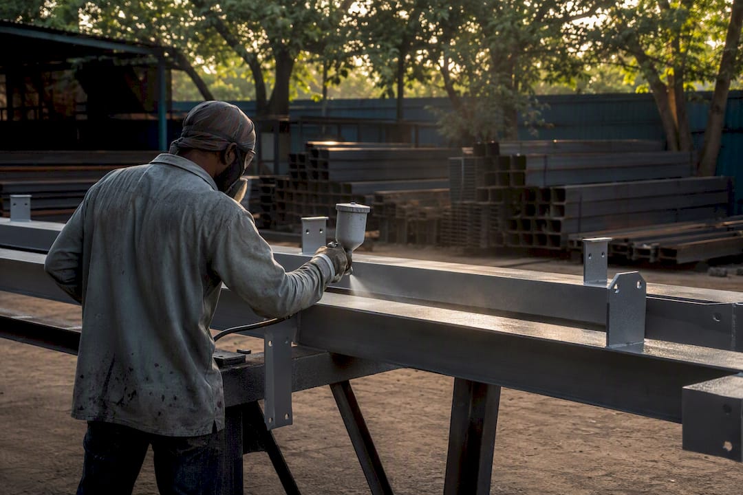Technician spraying zinc-rich primer on steel
