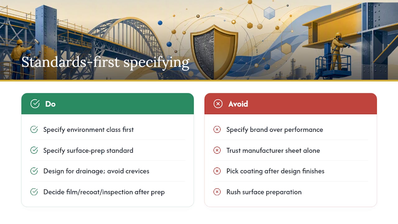 Standards-first specifying: what the evidence actually supports — overview diagram