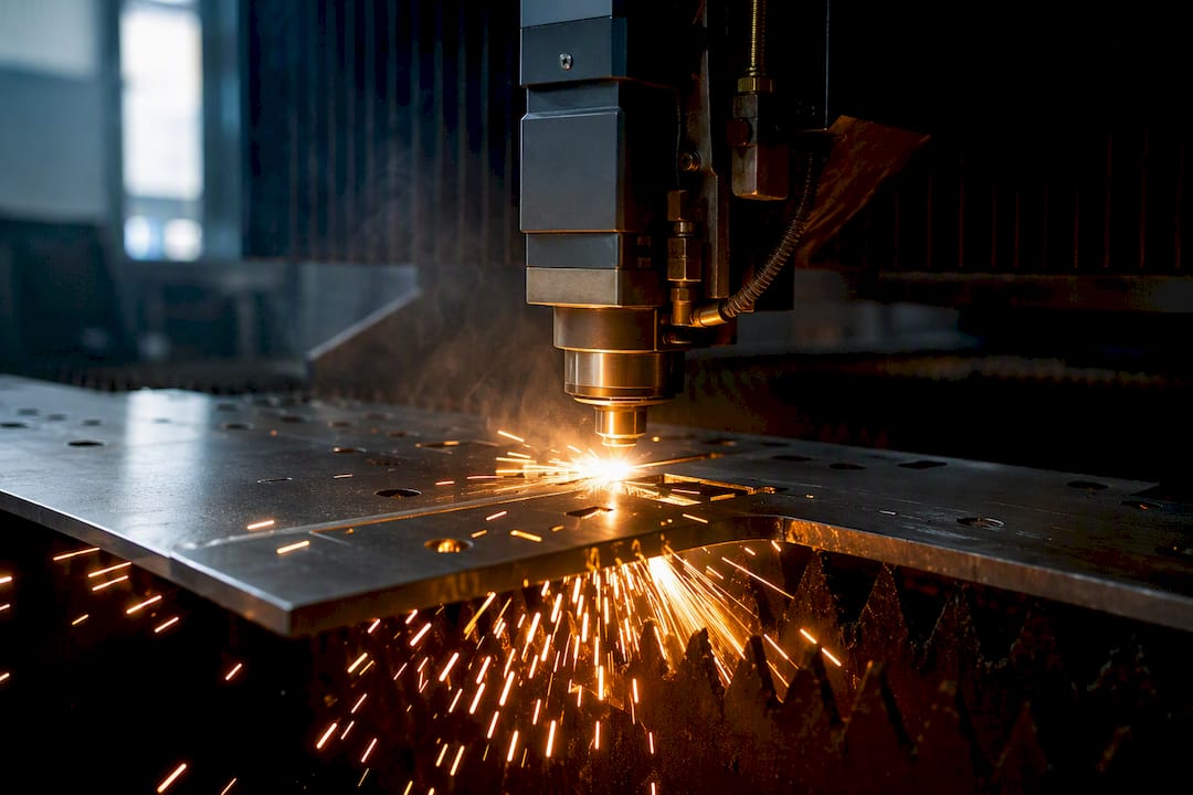 Gros plan sur une découpe au laser fibre d’acier inoxydable