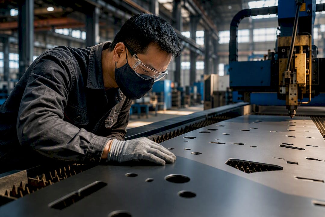 Technician inspecting coated metal sheet safely