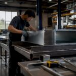 Hands assembling HVAC plenum in workshop